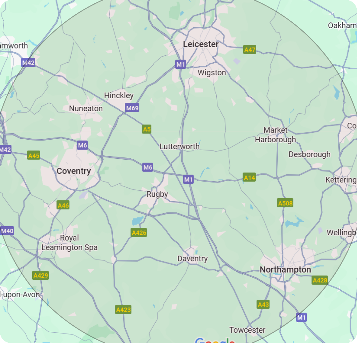 A map of Rugby's surrounding areas